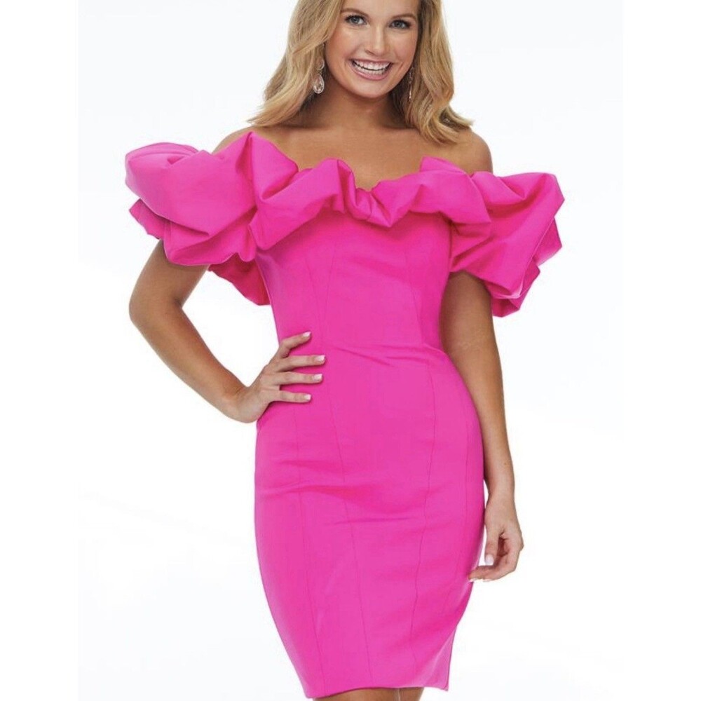 Ashley Lauren 4337 Off Shoulder Short Dress Puff Sleeve Hot Pink NWT sz12 $458